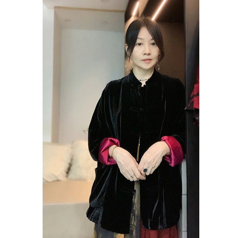 帛言 重磅 新中式黑色 丝绒 唐装上衣