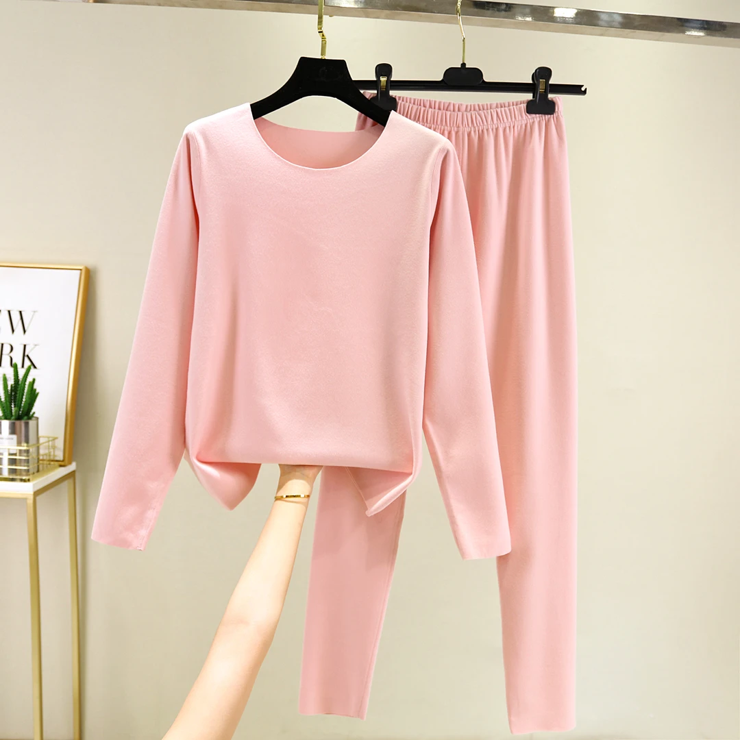 秋冬双面绒保暖内衣套装女无痕圆领内穿加绒加厚秋衣秋裤套装