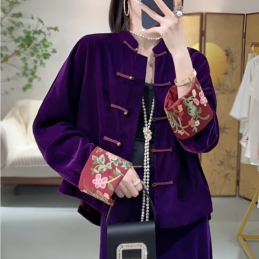 南油设计新中式花鸟刺绣拼真丝丝绒百搭松弛感盘扣立领外套上衣女
