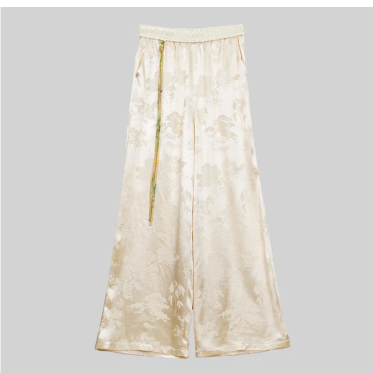 深圳南油新中式高端桑蚕丝提花百搭阔腿裤松紧腰加长款春夏垂感裤