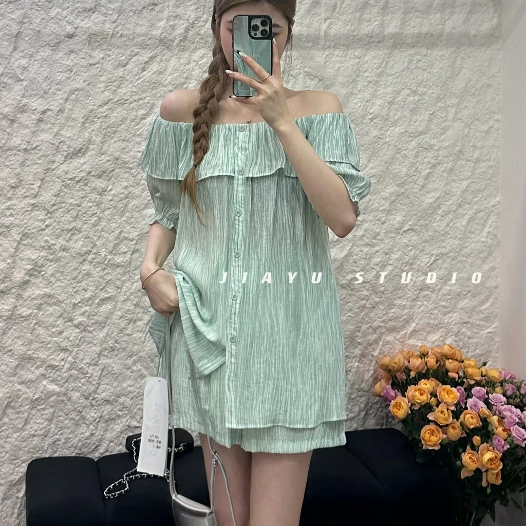 夏季韩版气质荷叶边上衣阔腿短裤套装