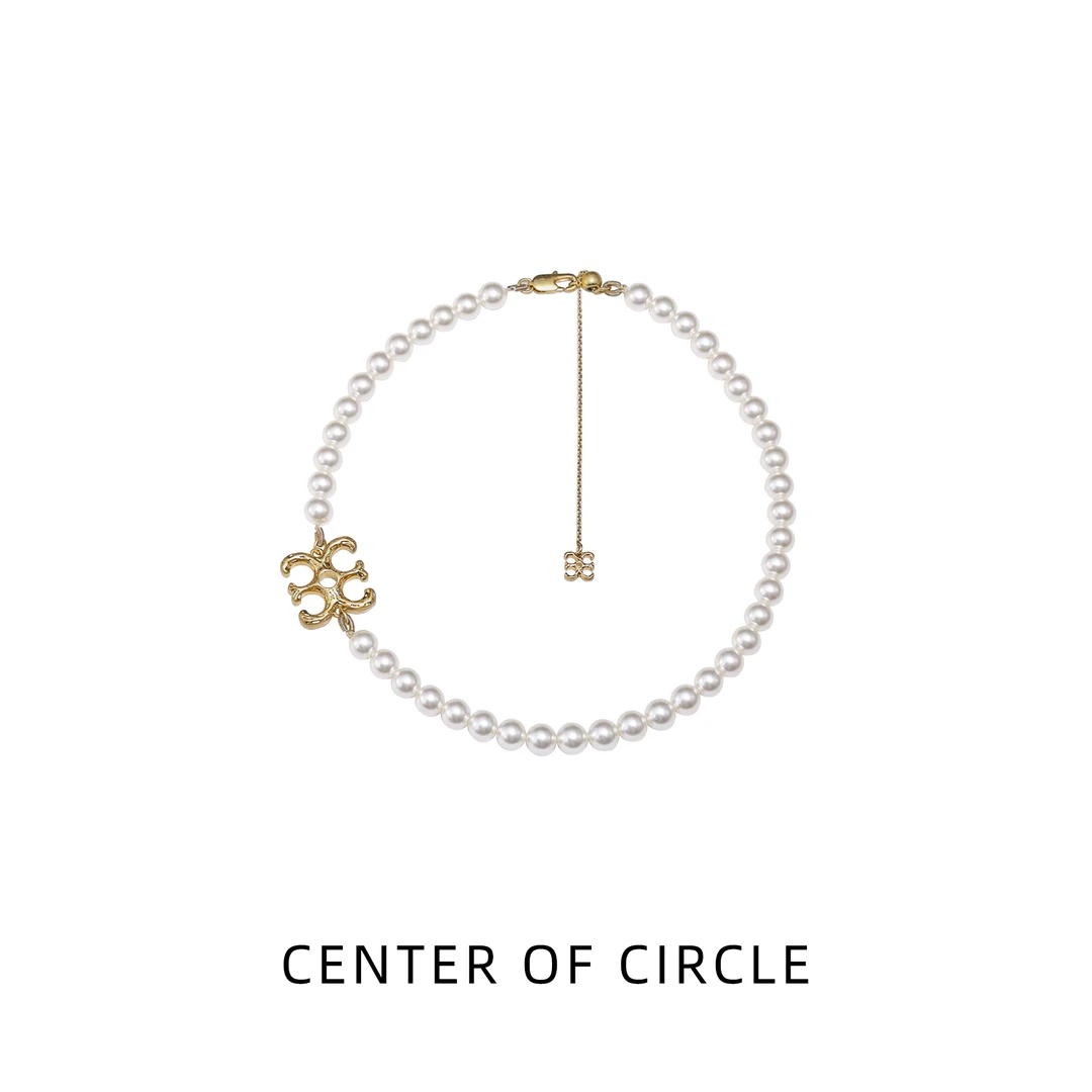 铜合金仿珍珠项链 COC圆心仿珍珠手工镀金logo轻奢锁骨链颈链