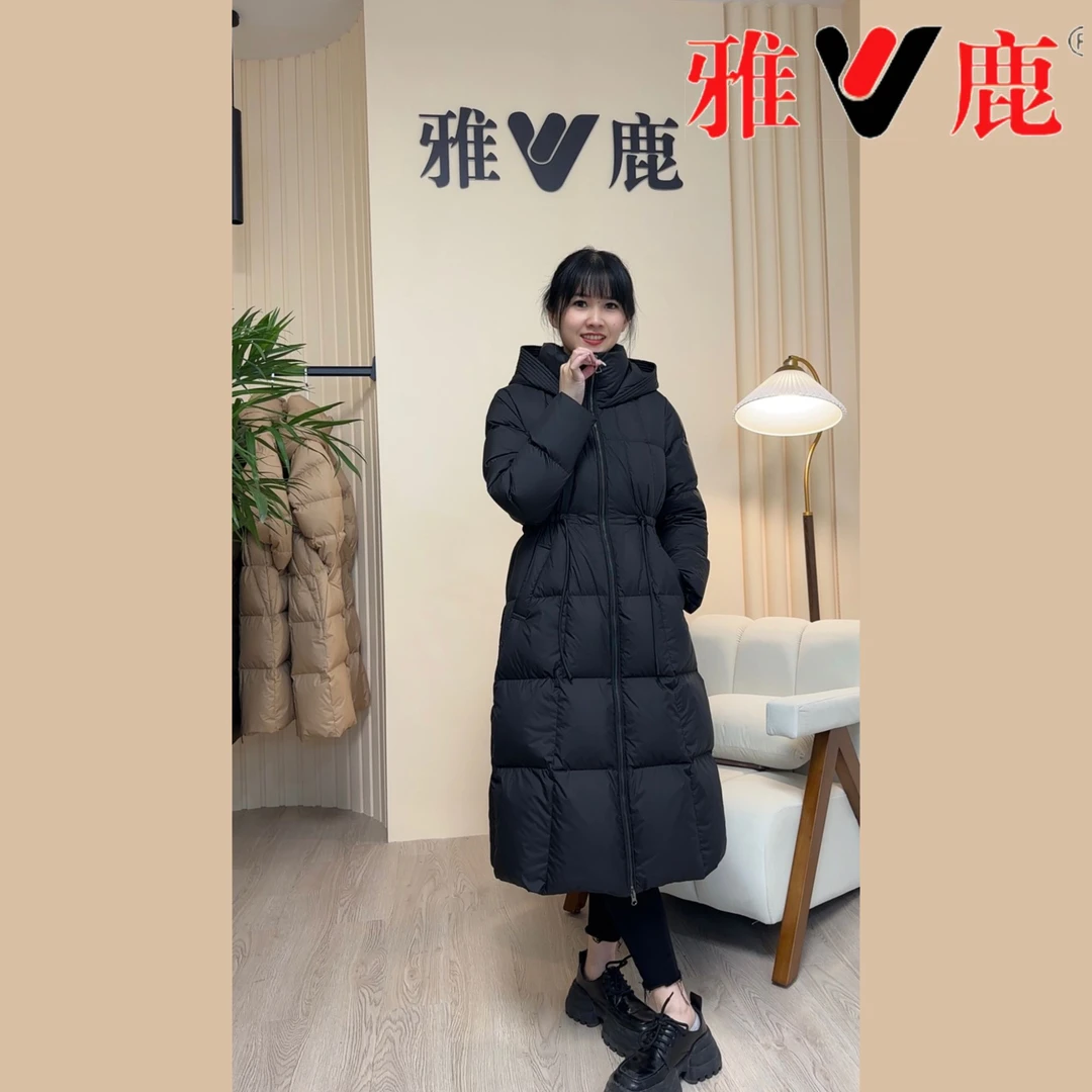 V/雅鹿24冬季新款长款羽绒服过膝连帽加厚秋冬显瘦抽绳收腰修身
