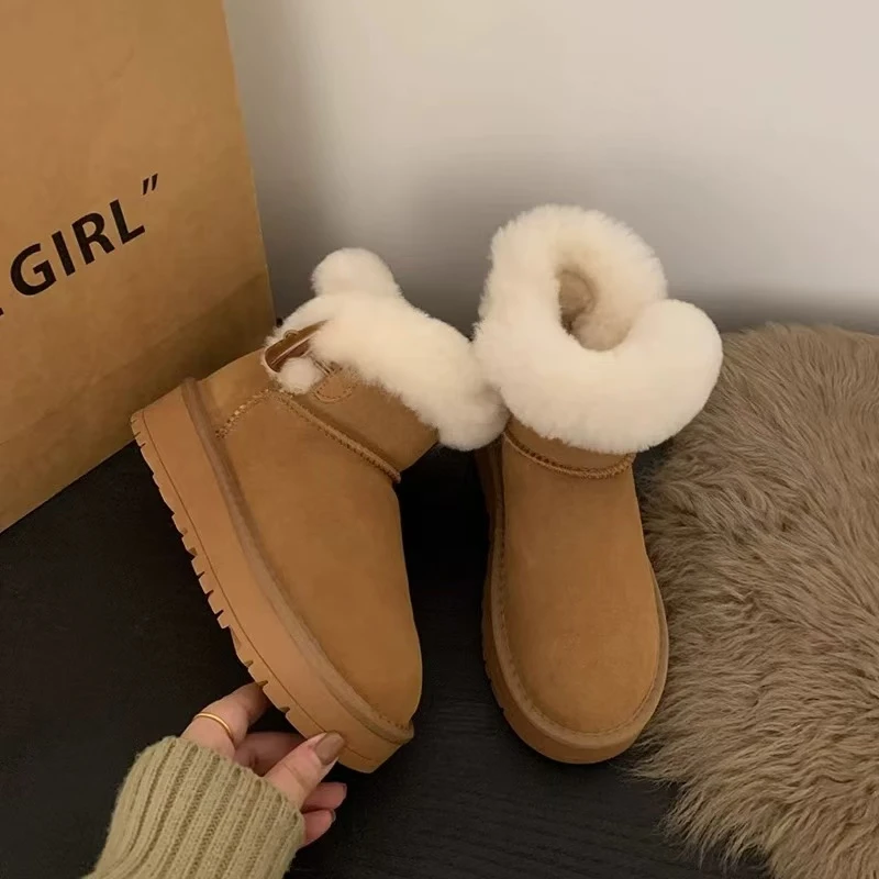 【真皮真毛】秋冬氛围感加绒加厚保暖一脚蹬中筒雪地靴女厚底牛角扣