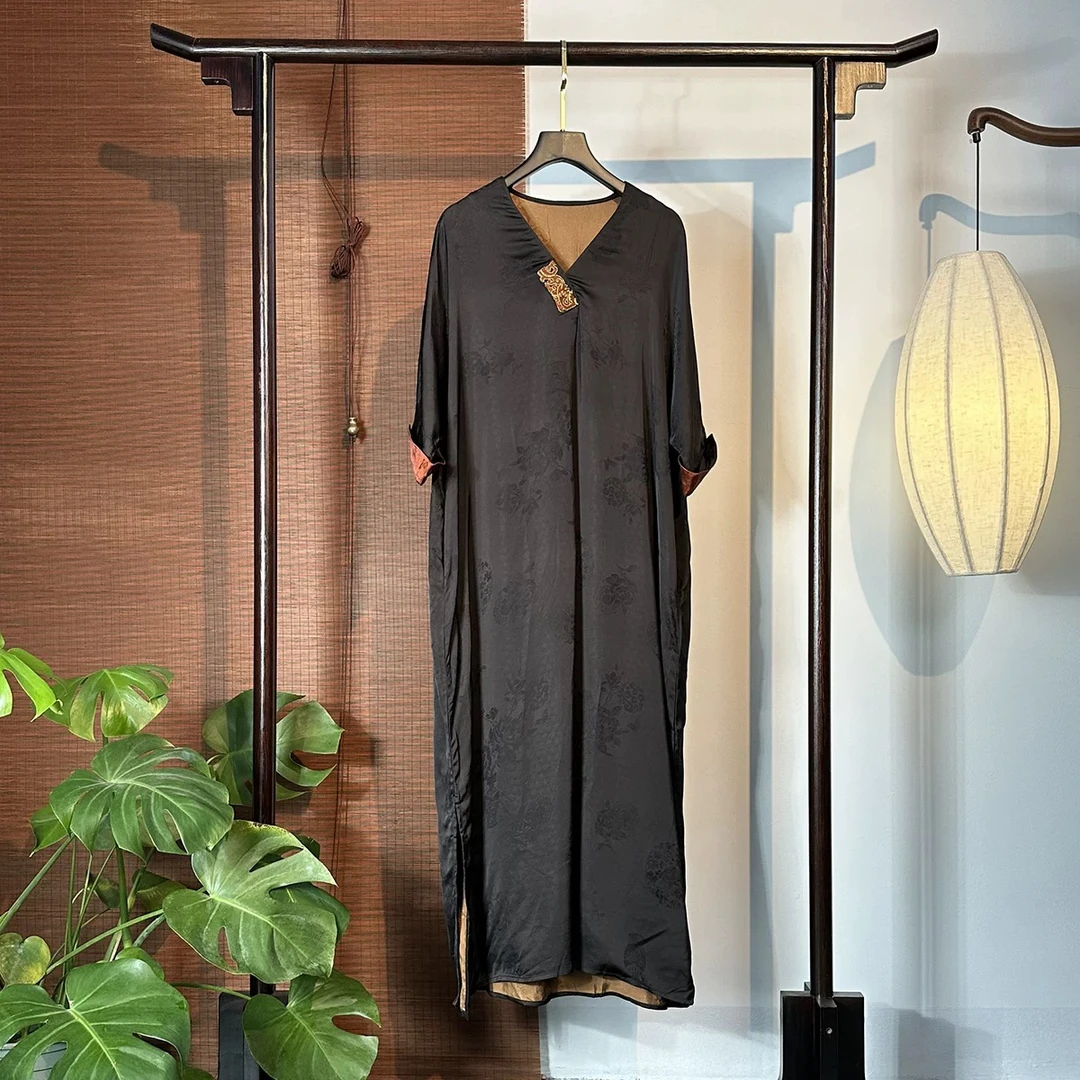 新中式香云纱100桑蚕丝袍子宽松四分袖V领宽松带腰绳8842黑色复古