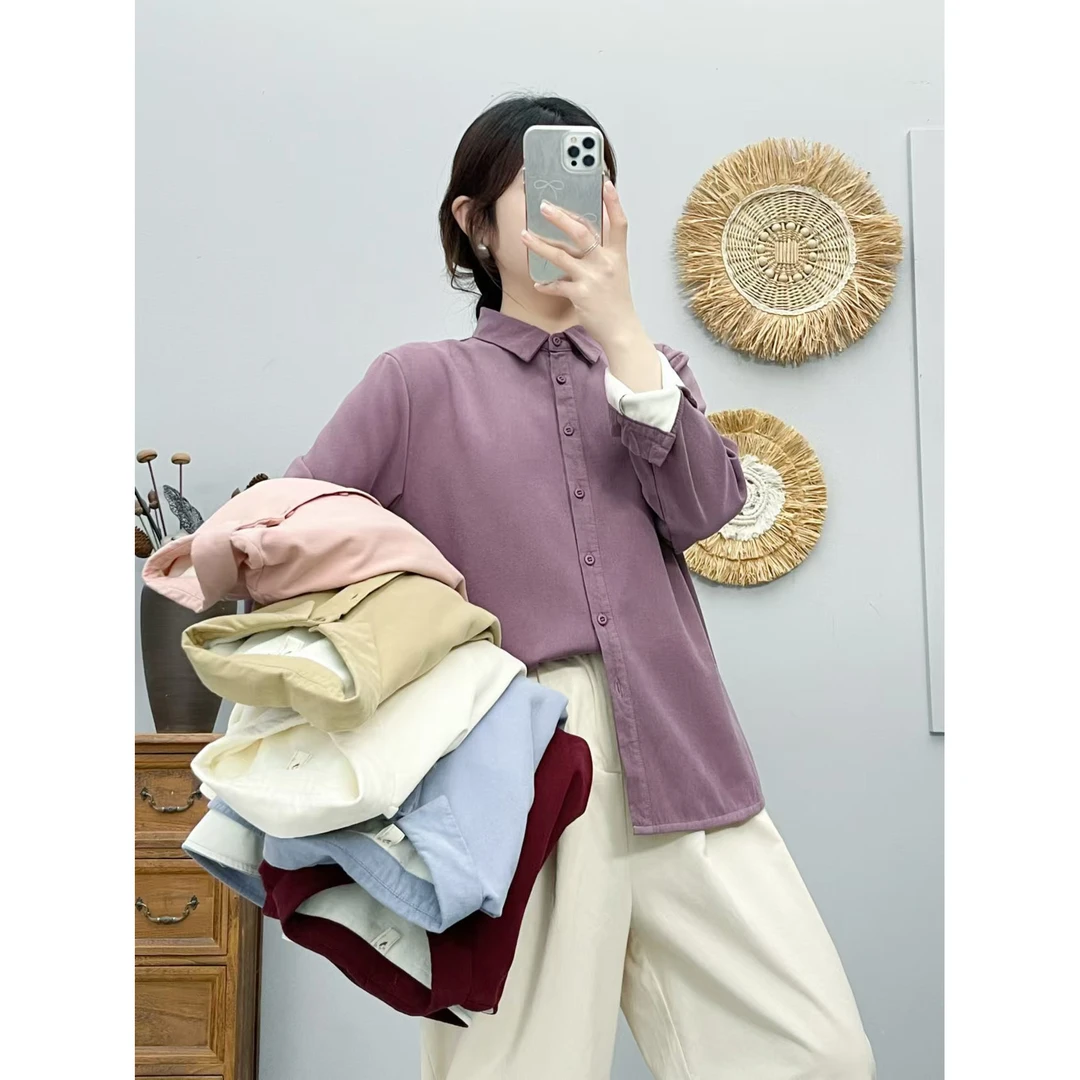 秋冬新品纯色方领加绒加厚衬衫女宽松休闲百搭柔软打底长袖衬衣