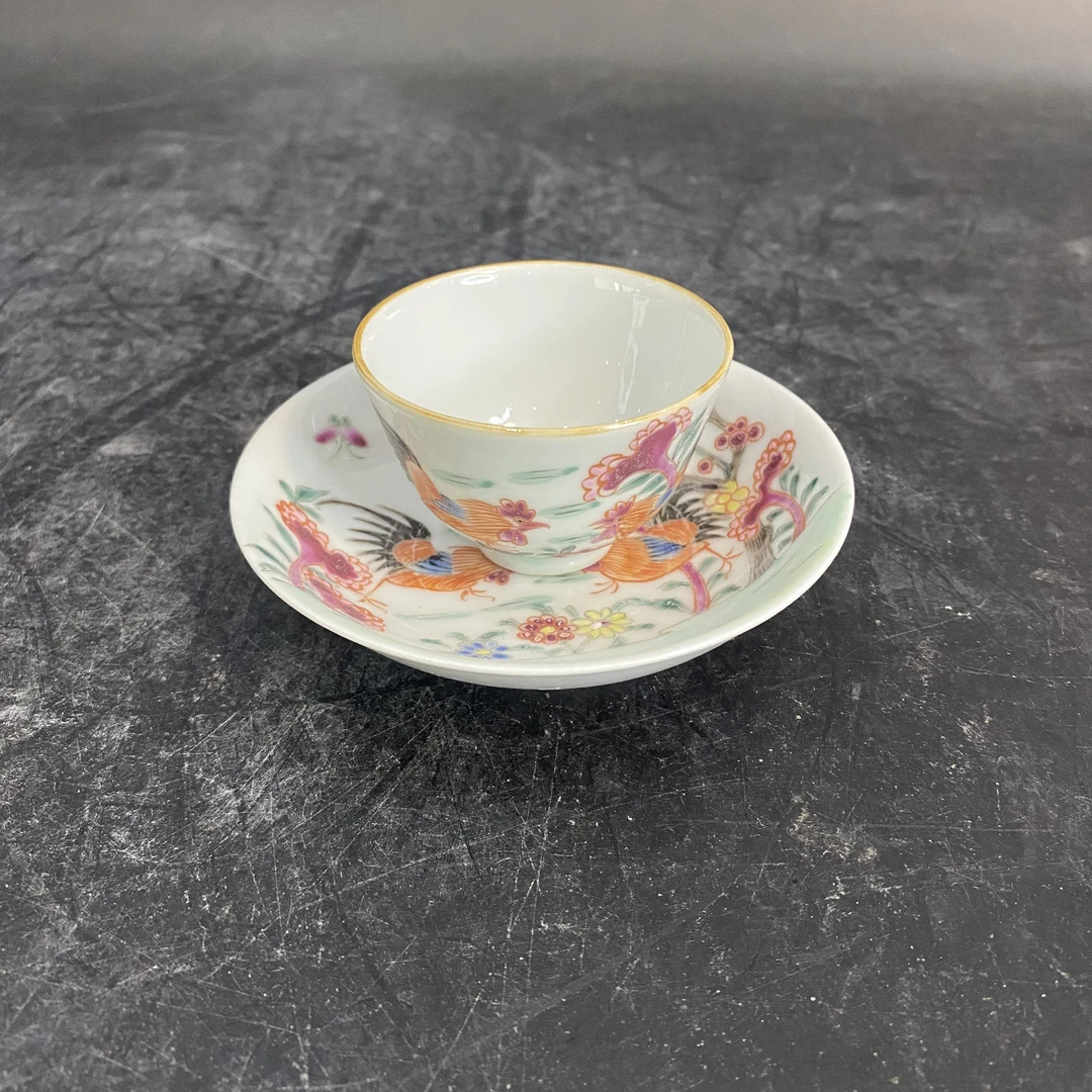 1233 粉彩锦鸡花卉杯碟套