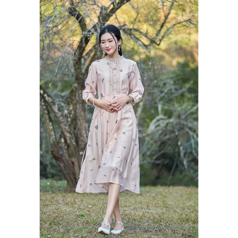 线影新中式国风印花时尚中长款连衣裙-YL32682