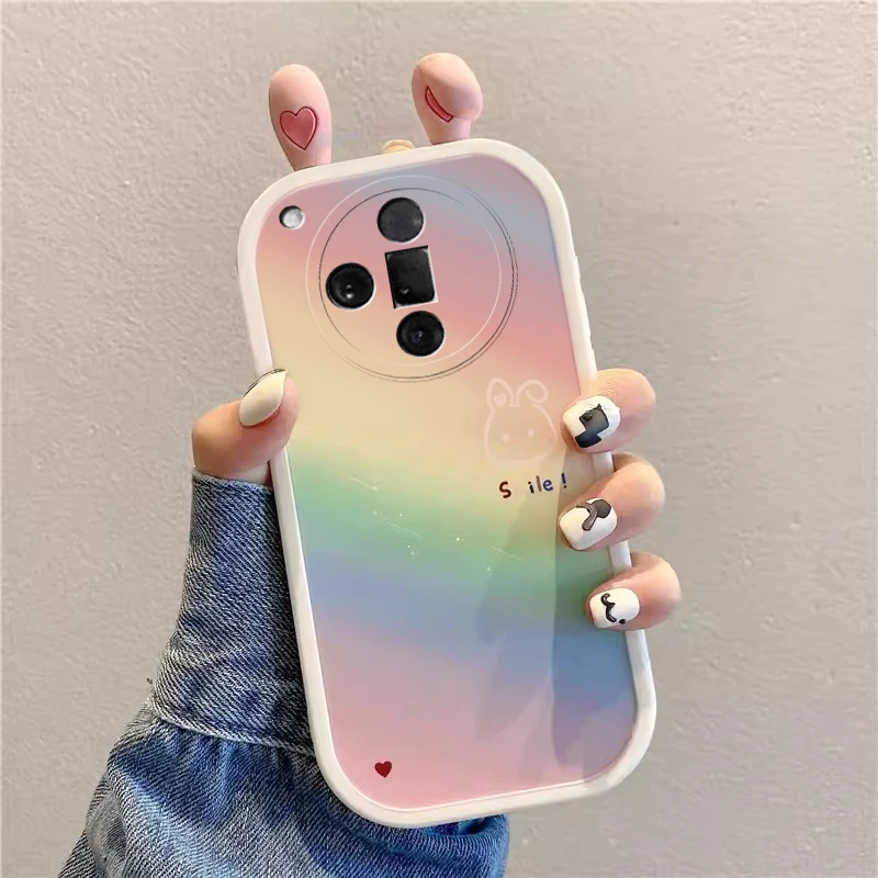适用OPPO Findx7手机壳卡通彩虹兔粉白鹿立体耳朵小红书同款软壳