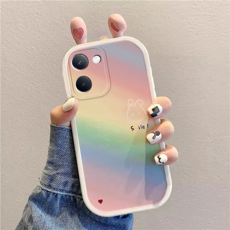 适用于vivo y100i手机壳可爱立体公仔耳朵彩虹兔子小清新硅胶软壳