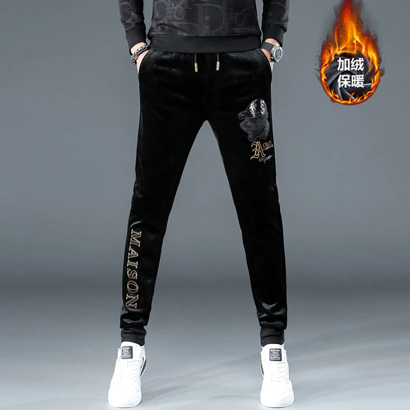 秋冬季灯芯绒裤子男潮流修身轻奢丝绒高端刺绣卫裤加绒休闲裤条绒