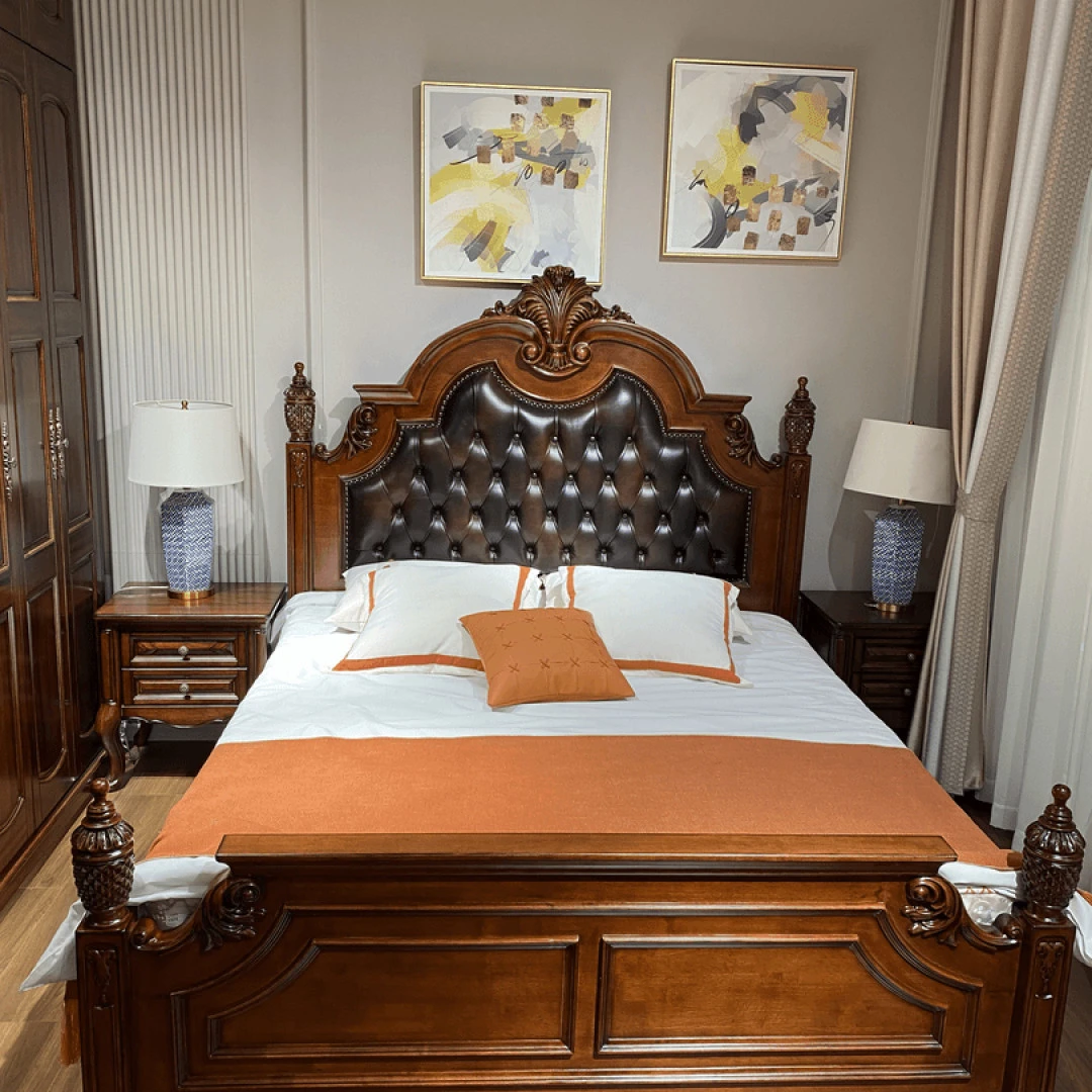 美式沙发茶几主卧大床双人床皮床婚床别墅雕花成套高箱客厅