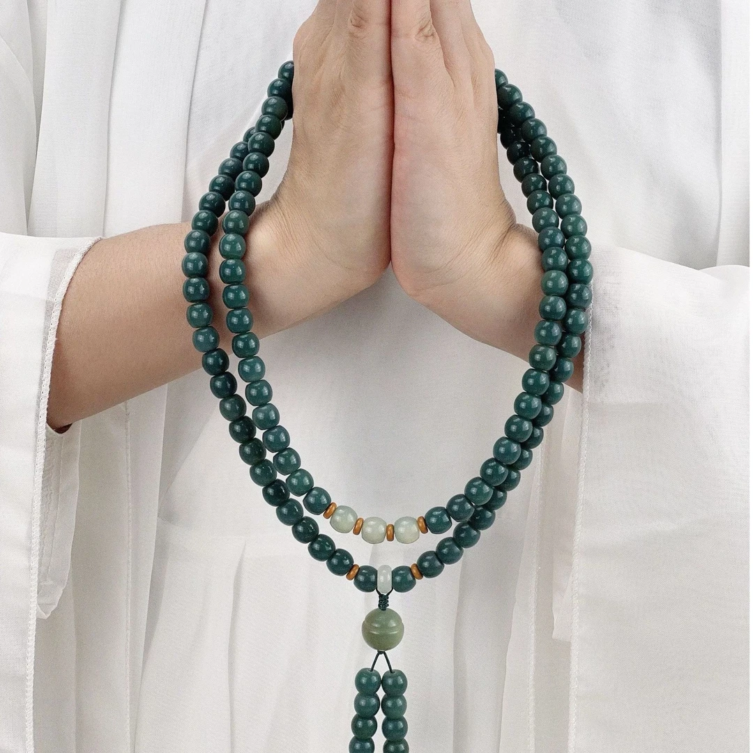 【万古长青】天然绿阴皮108颗脖挂，多圈手串，念珠8x10墨绿色