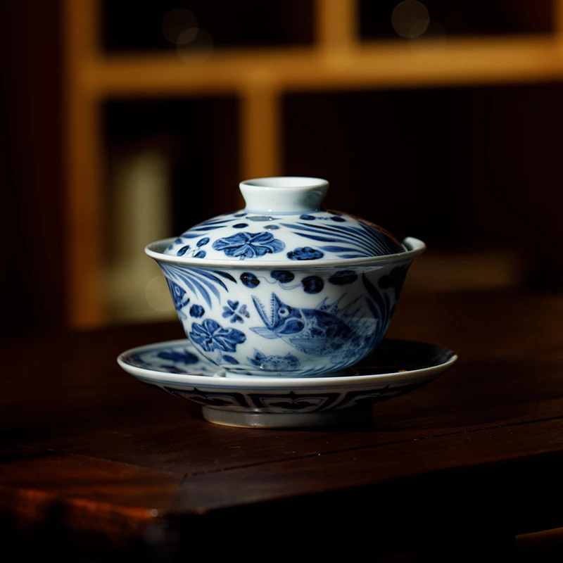 观复幽蓝神采元青花系列鱼藻纹盖碗 三才茶具茶杯手绘 缠枝 陶瓷