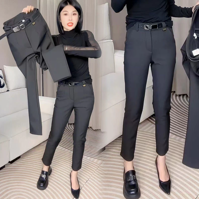 时尚新款烟管裤秋冬加绒高腰修身弹力显瘦小脚裤女九分直筒休闲裤