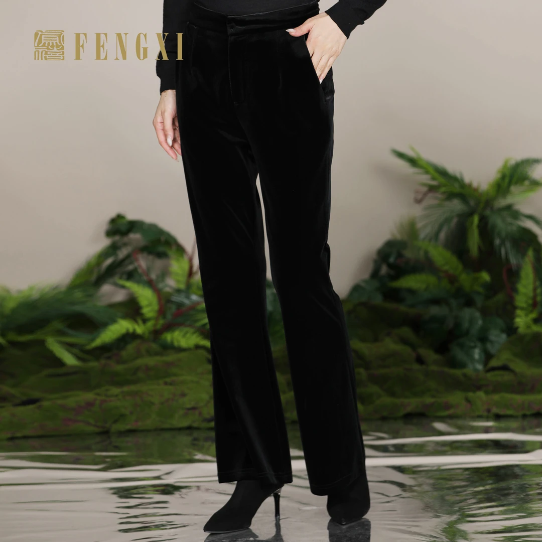 凤禧2025秋冬季丝绒黑色百搭松紧腰九分裤女士显瘦微喇