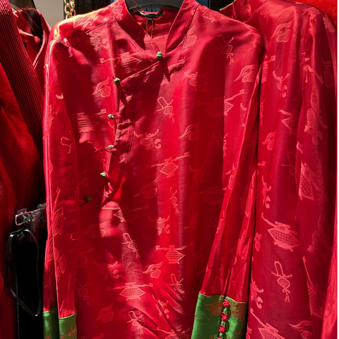 凤禧2025春夏提花红色拼色复古立领斜襟长袖衬衫国风新中式