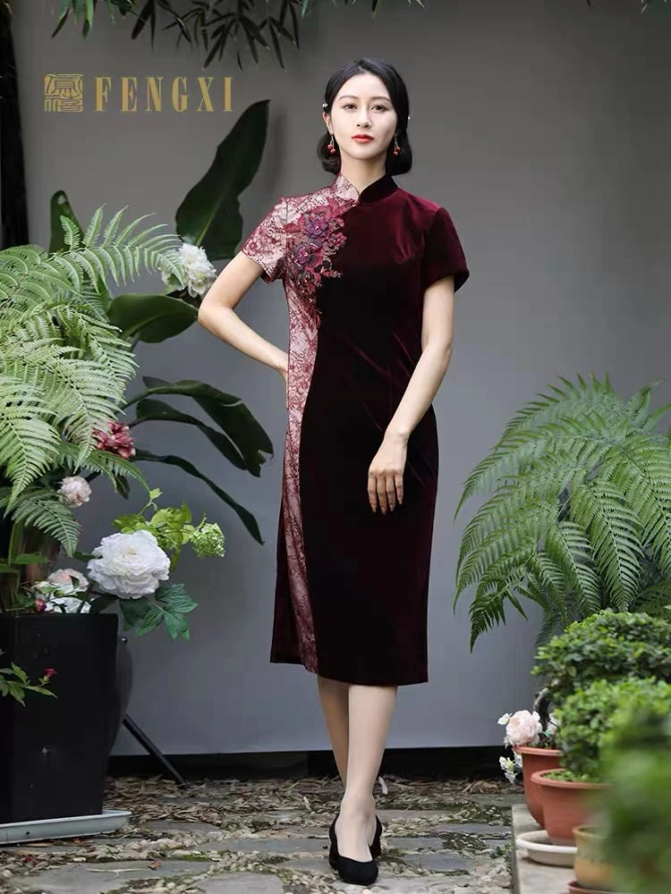 凤禧2025春秋原创丝绒刺绣绣花红色改良晚宴中式喜妈妈婚宴旗袍