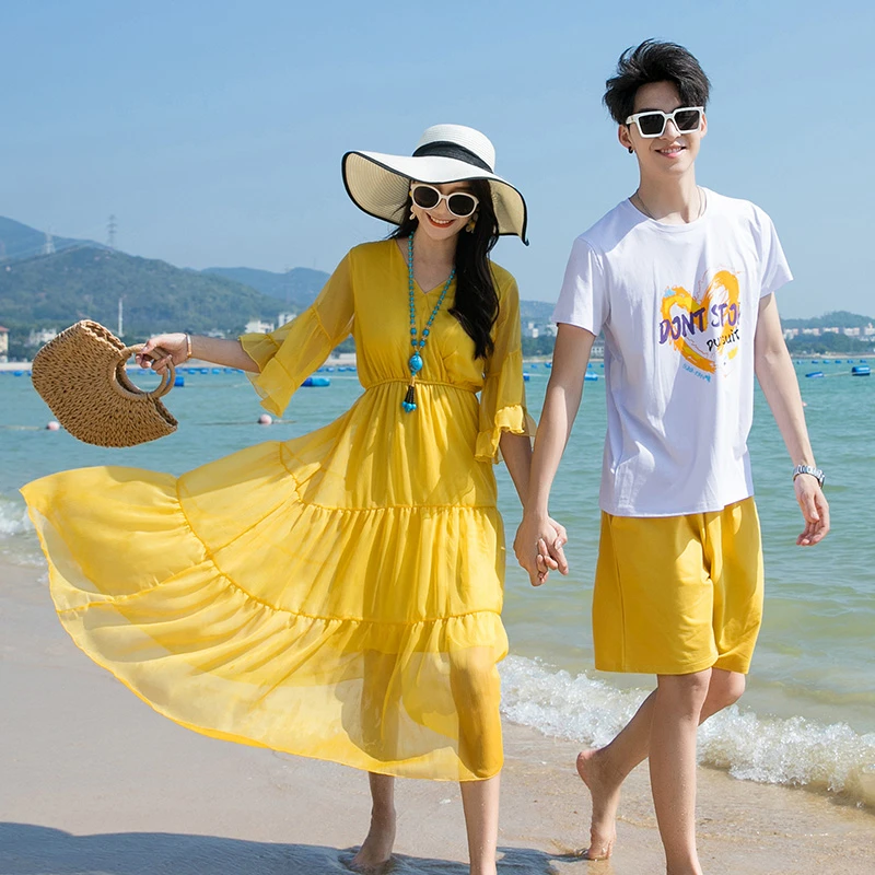 情侣套装沙滩夏季全套一男一女亲子装一家四口三亚海边旅游连衣裙