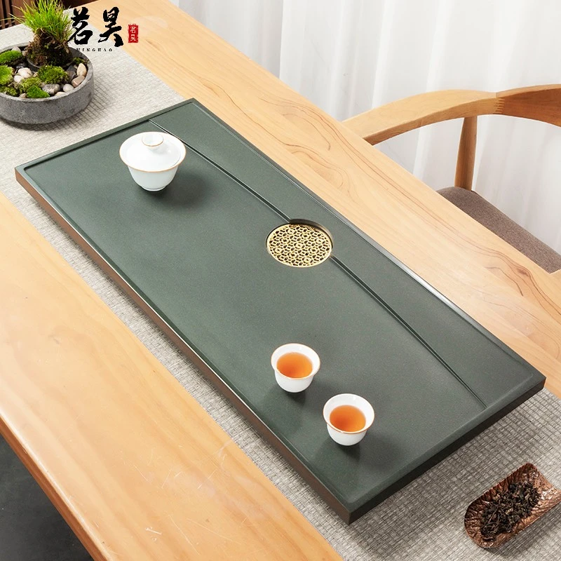 乌金石茶盘长方形简约现代整块石材大小号茶台石头茶海中式家用