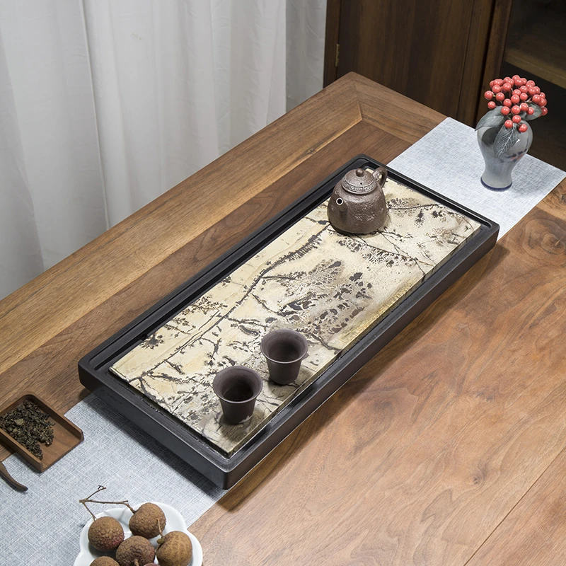 国画石茶盘家用天然乌金石茶台原石头排水现代轻奢茶具干泡式茶海