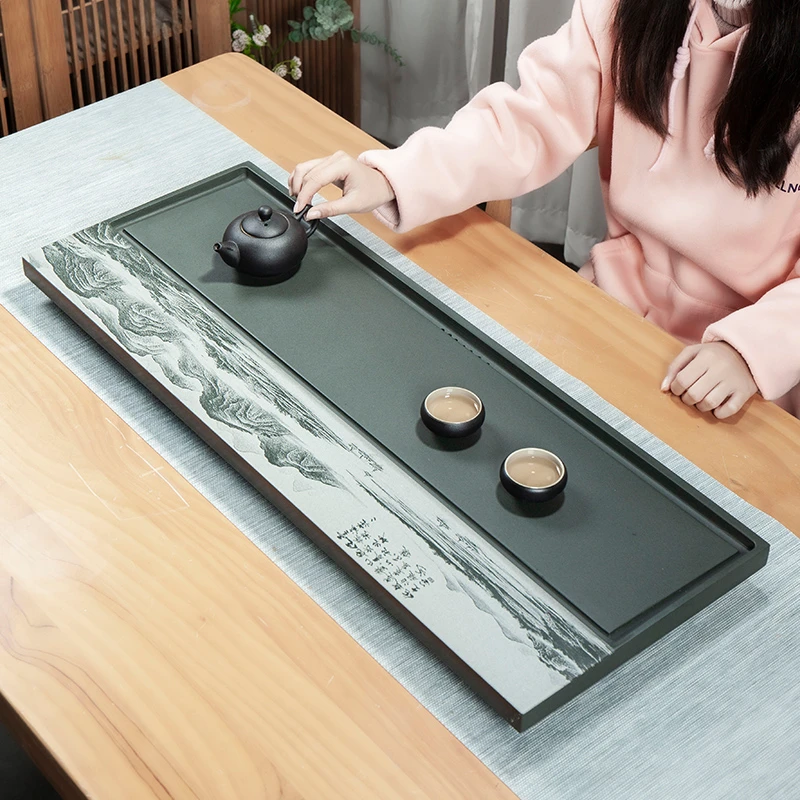 天罗绿石茶盘现代高端办公室整块专用图案乌金石茶盘小型石盘