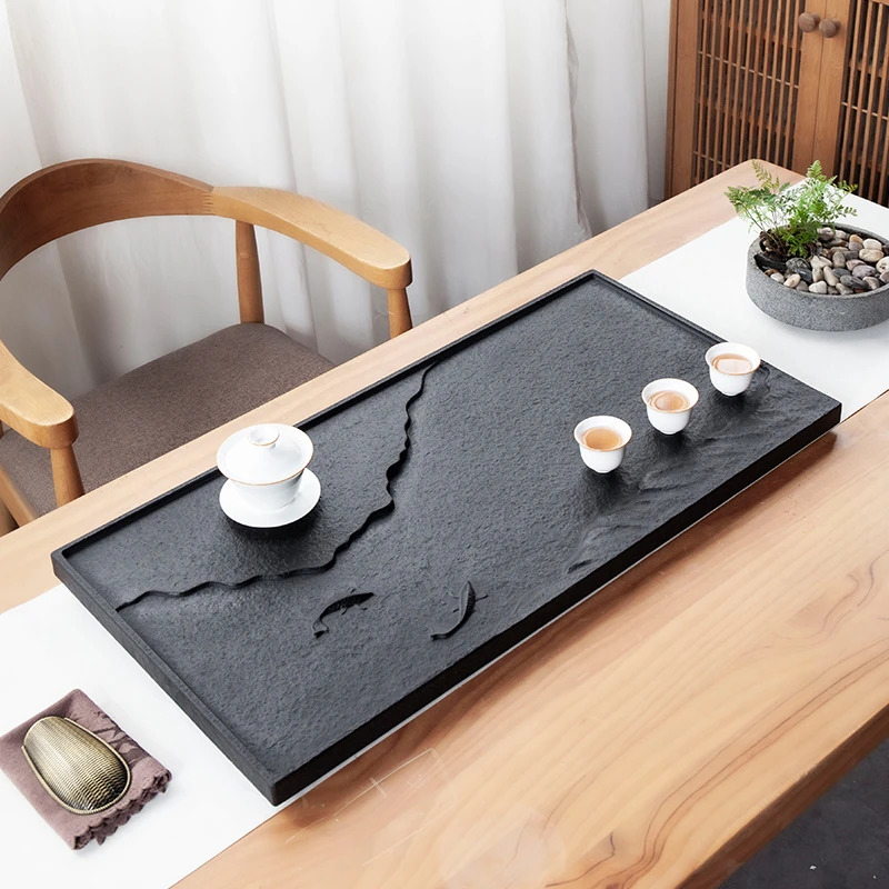茗昊天然乌金石火烧江上整块中式家用排水高端轻奢简约茶台茶托盘