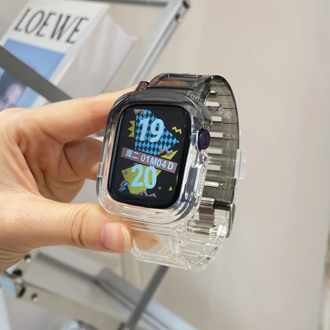 适用苹果applewatch7透明夏日果冻冰川变色表带iwatch6一体SE45mm