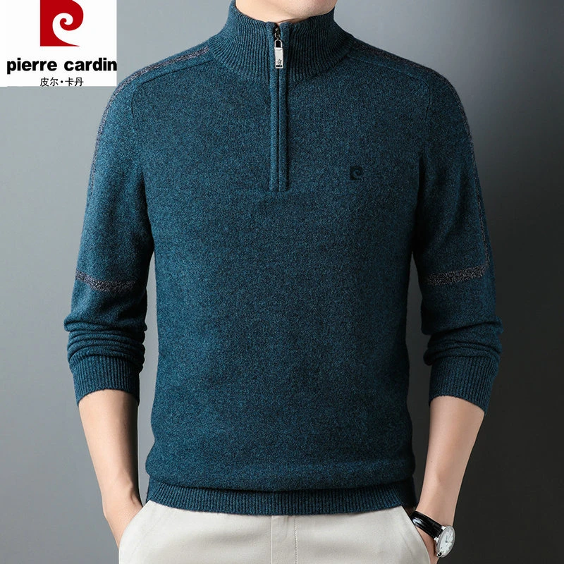 皮尔卡丹冬季洋毛衫男加厚中年純洋毛套头爸爸洋絨毛衣半拉链