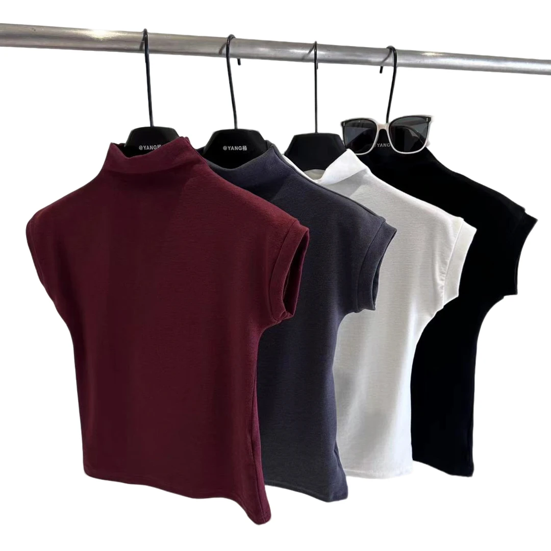 3909新款软糯显瘦气质半高领飞飞袖短袖打底上衣百搭修身韩版纯色