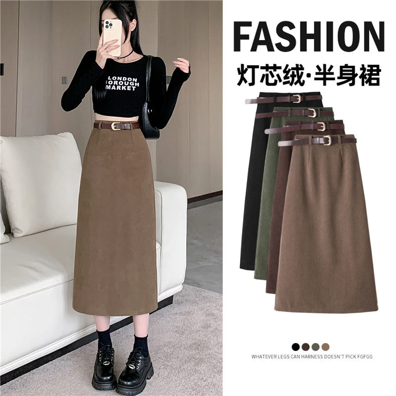 灯芯绒中长款半身裙2024秋冬直筒新款高腰开叉显瘦复古裙子一步