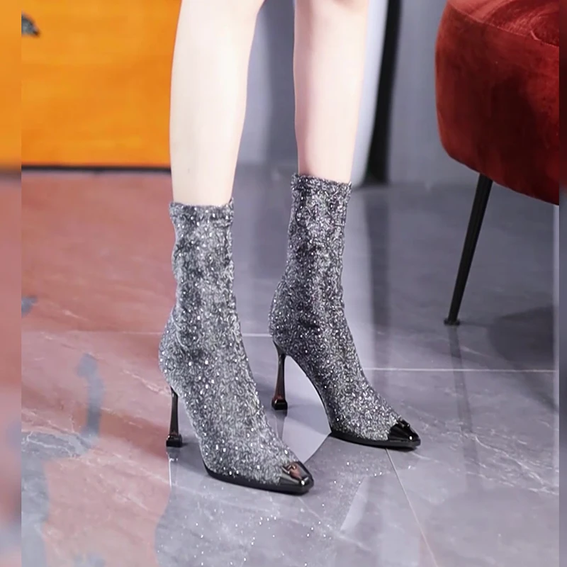 秋冬轻奢水钻满天星高跟弹力瘦瘦靴女2024新款金属小方头细跟短靴