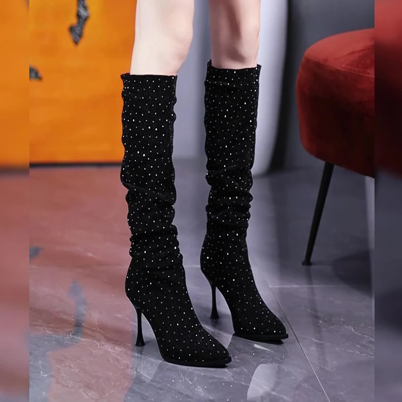法式轻奢满钻礼服高跟不过膝长靴女2024秋冬洋气褶皱细跟高筒靴