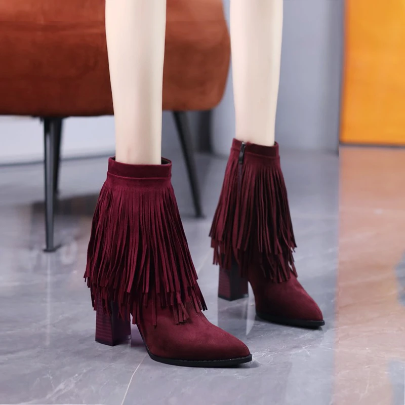 设计感秋冬新款复古尖头绒面流苏短靴女2024百搭粗跟侧拉链马丁靴