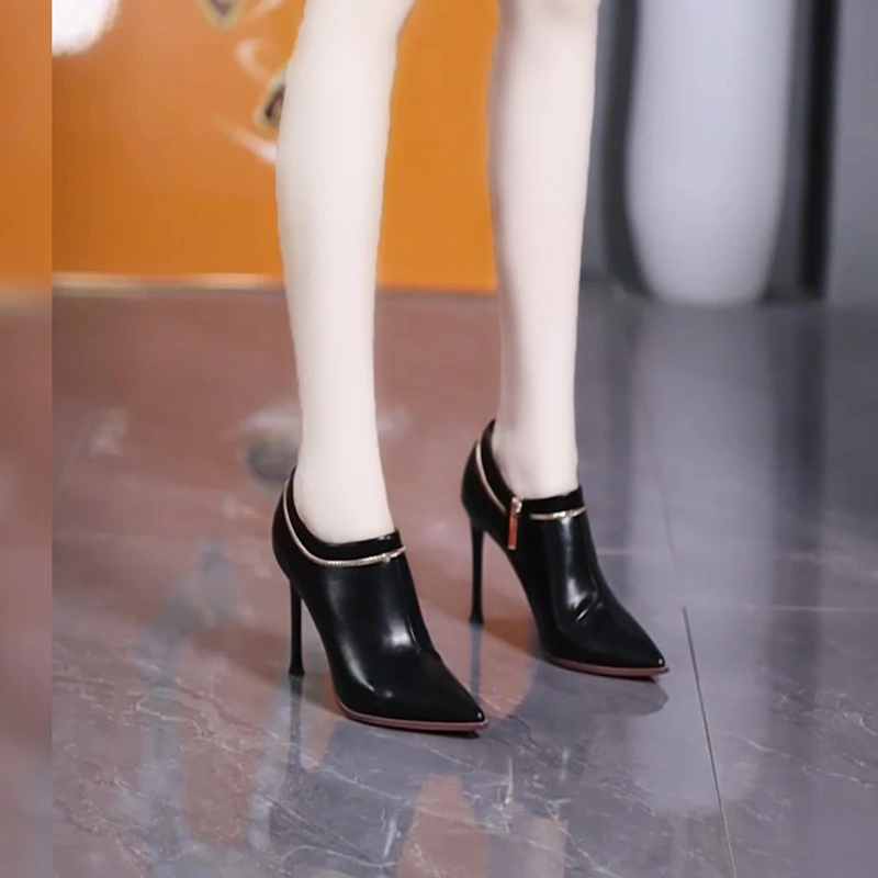 气质尖头深口侧拉链职业高跟鞋女2024年新款百搭细跟棕色及踝靴