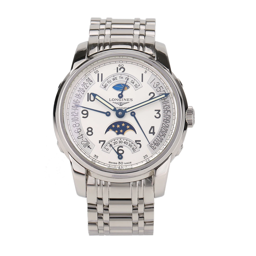 99新 Longines/浪琴 L2.764.4.73.6/飞返764逆跳月相夜光/44表径