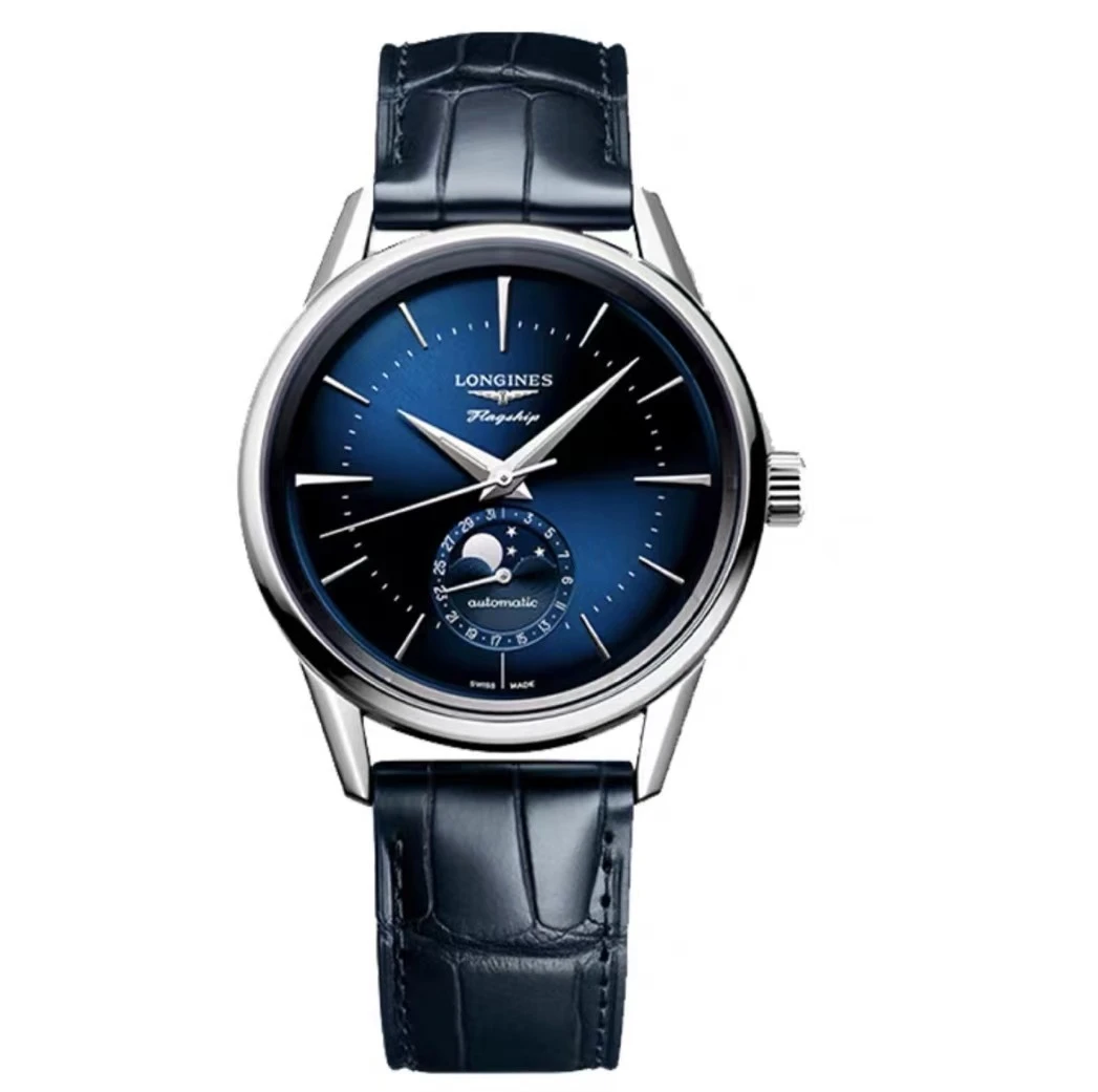 99新 Longines/浪琴 L4.815.4.92.2/浪琴815四针月相蓝/38.5表径