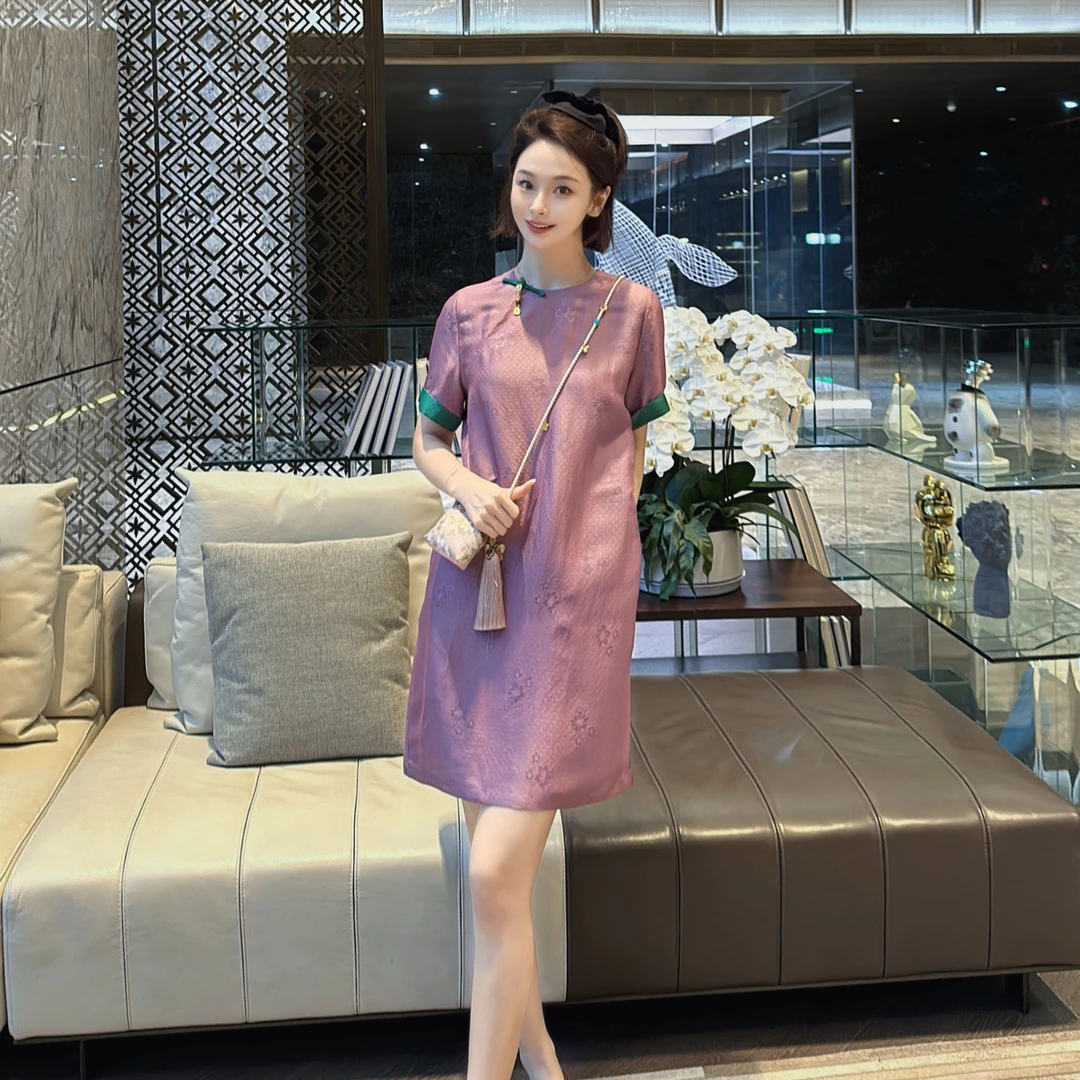 KK颜小新【紫嫣轻娆】新中式夏季富贵花气质休闲显瘦复古提花洋气