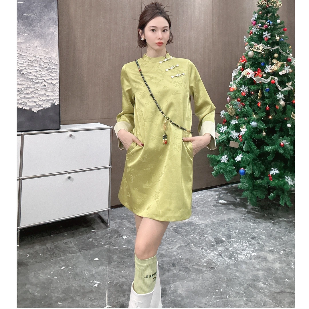 KK颜小新【翠色欲滴】新中式国风早春单款显白气质夏季连衣裙绿色