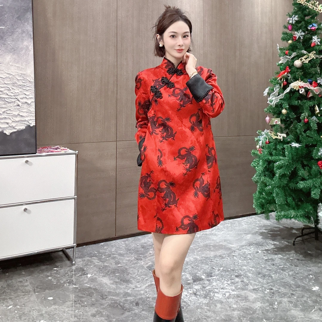 KK颜小新【龙腾迎新】新中式复古时尚龙纹印花气质长袖中长款修身