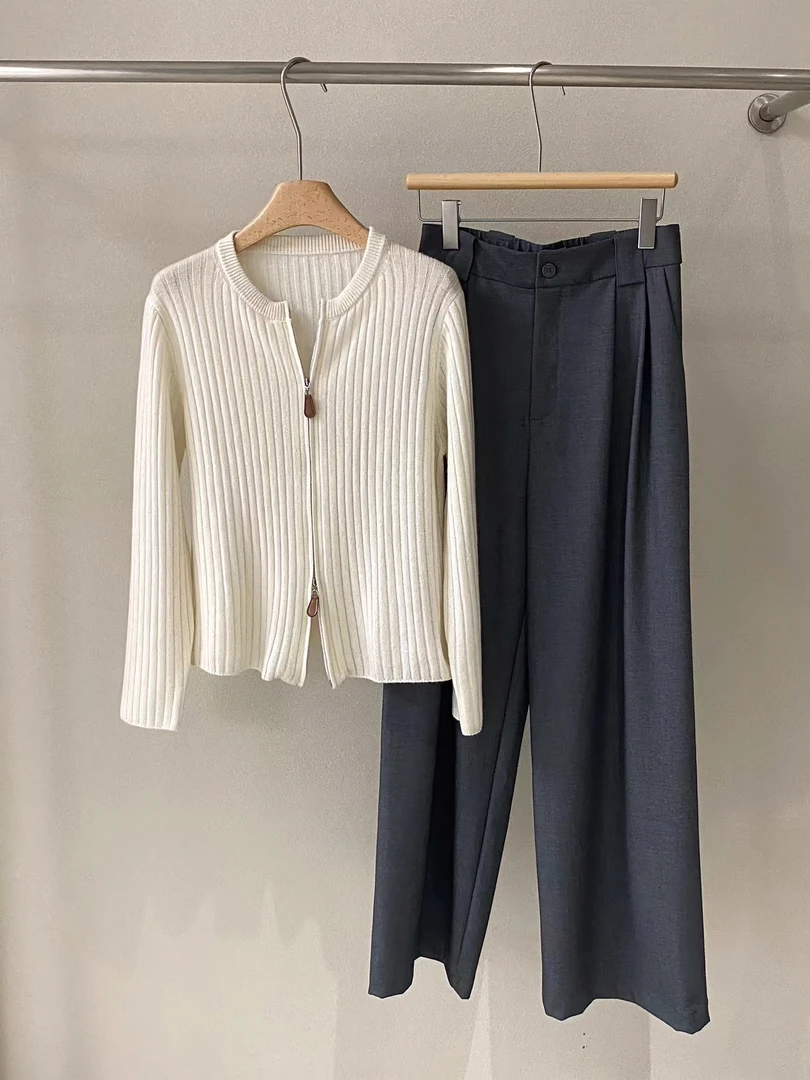 【小新羊绒】《L*p皮拉链》100%山羊绒坑条双拉链显瘦针织开衫 63037