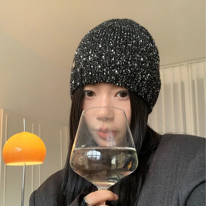 MUSTKOO/玛诗杜亮片秋冬时尚小众针织帽女韩版复古MH-6481