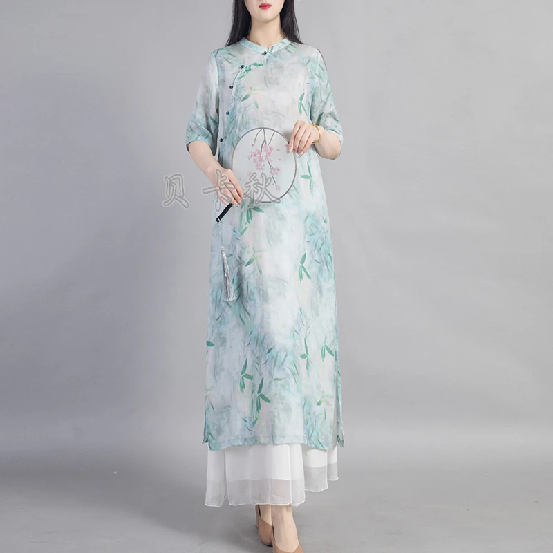 竹报平安  夏季新中式气质淡雅改良宽松旗袍裙