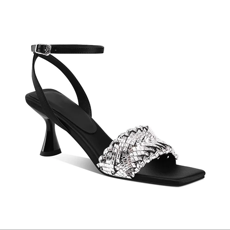 百搭一字带外穿露趾凉鞋女2024年夏季新款时尚细跟方头水钻高跟鞋