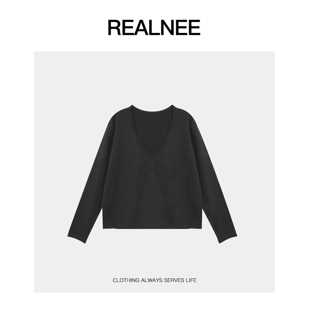 REALNEE【格雷世界】眻毛双V领复古慵懒微落肩袖遮肉显瘦毛衣09206