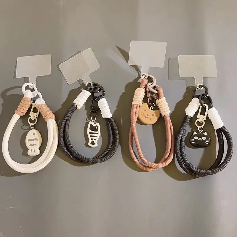 ins风耐脏黑色手机壳挂绳卡通棕色猫咪手机壳挂链条挂绳包包手绳