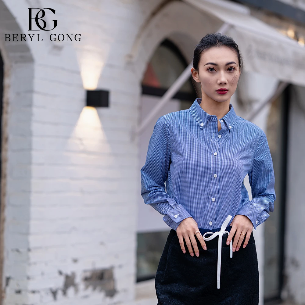 BERYL GONG【城市田园】微弹舒适有形蓝白格纹正肩合体百搭棉衬衫