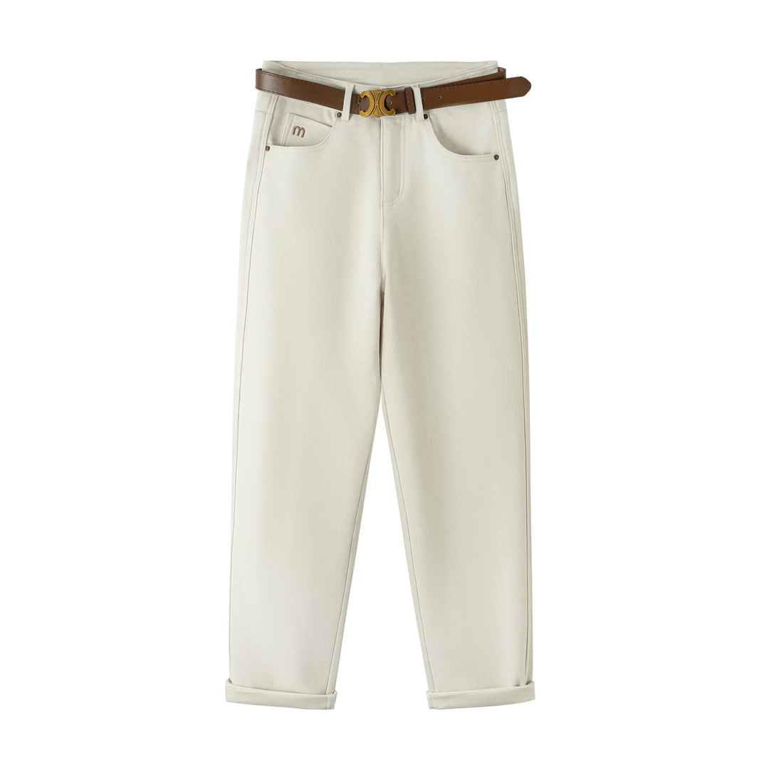 弘果HG白色时尚百搭九分休闲老爹裤水洗棉一体绒柔软高腰宽松