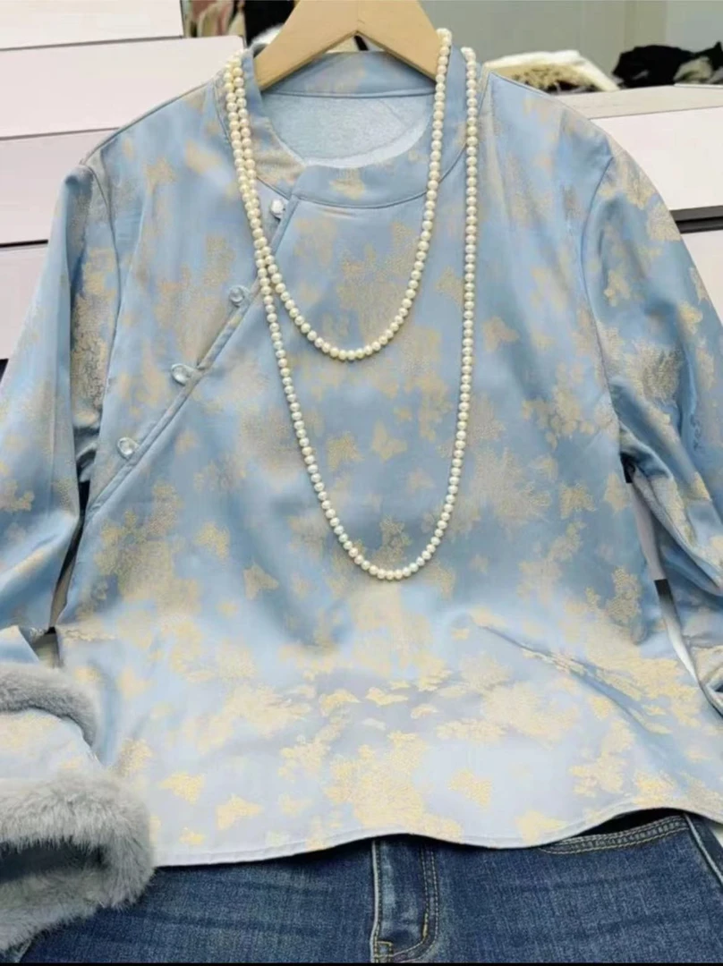 繁花--2023新中式秋冬蓝色衬衫加绒保暖气质复古时尚碎花长袖打衫