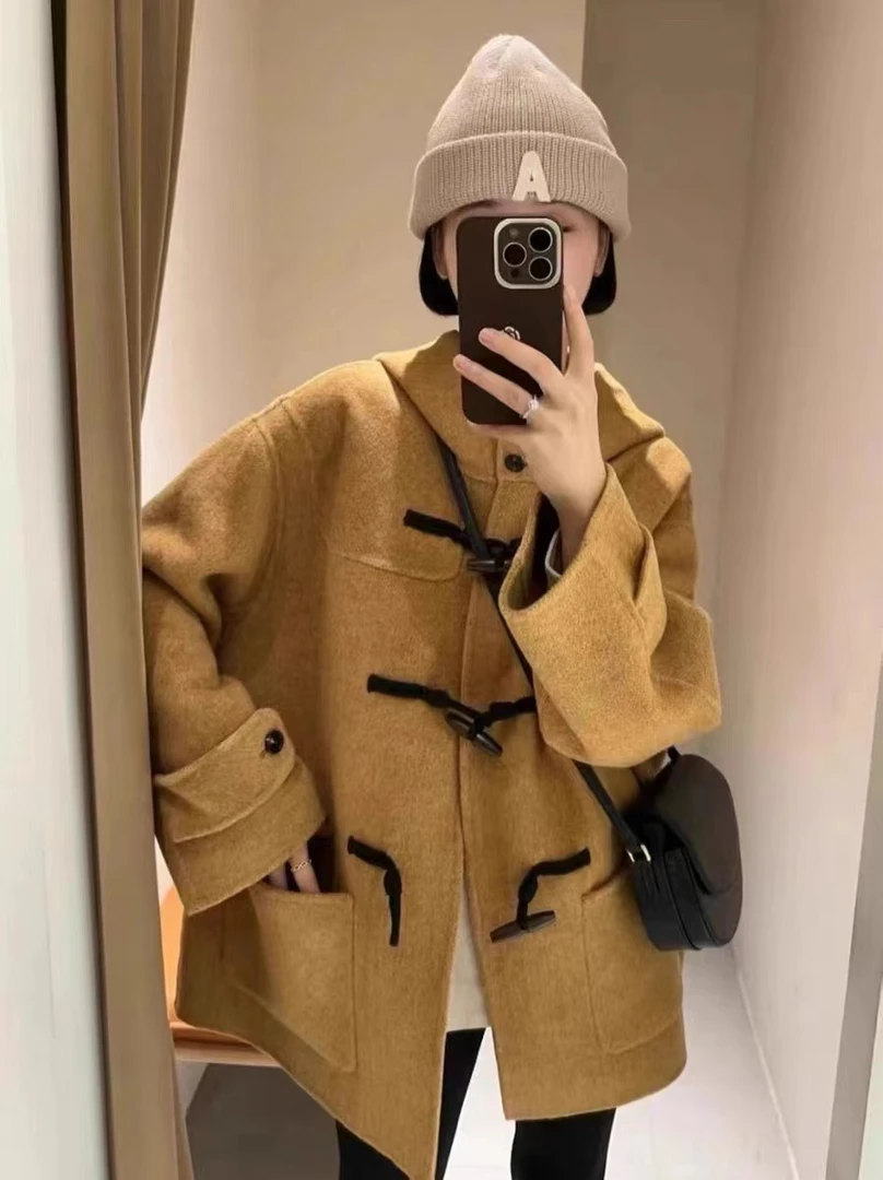 牛角扣双面羊毛大衣女学院风宽松短连帽小个子短羊毛外套